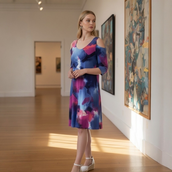 Clara Sun Woo Dresses & Skirts - Clara Sun Woo Dress L Watercolor Knit Cold Shoulder Stretch Comfy Art To Wear